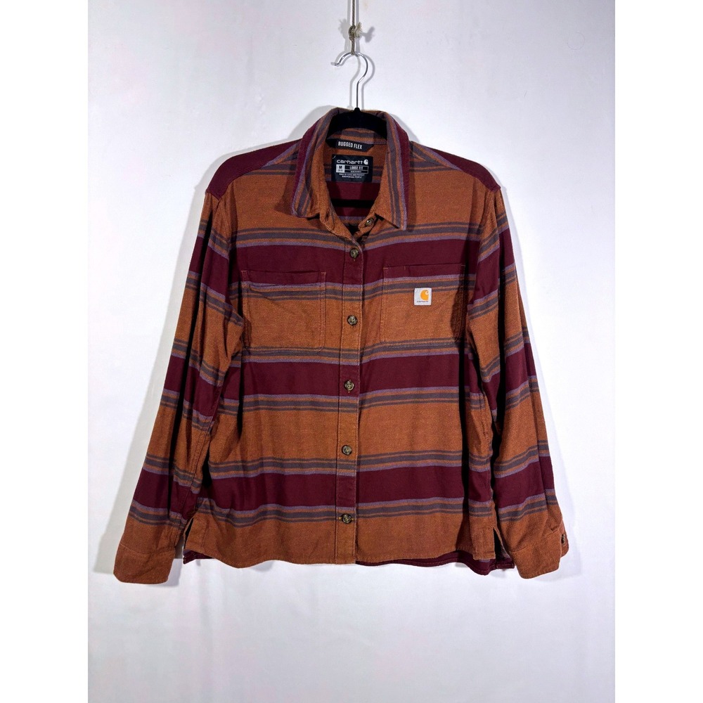 Workwear Gorpcore Carhartt Rugged Flex Flannel Shirt Womens Medium Brown Stripe